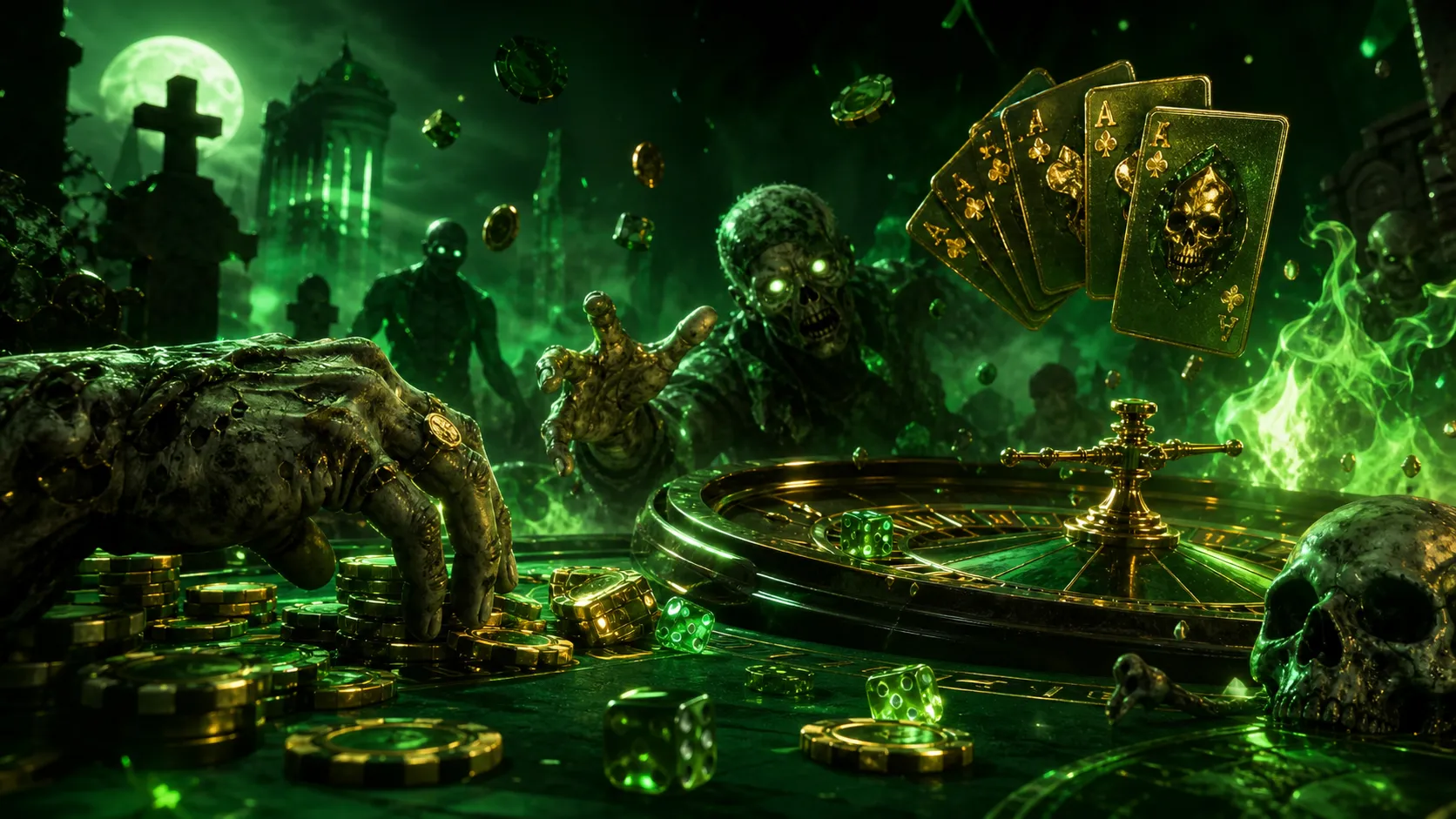 A luxurious casino-themed banner for Zombillion featuring floating poker chips, glowing dice, and eerie green zombie motifs.